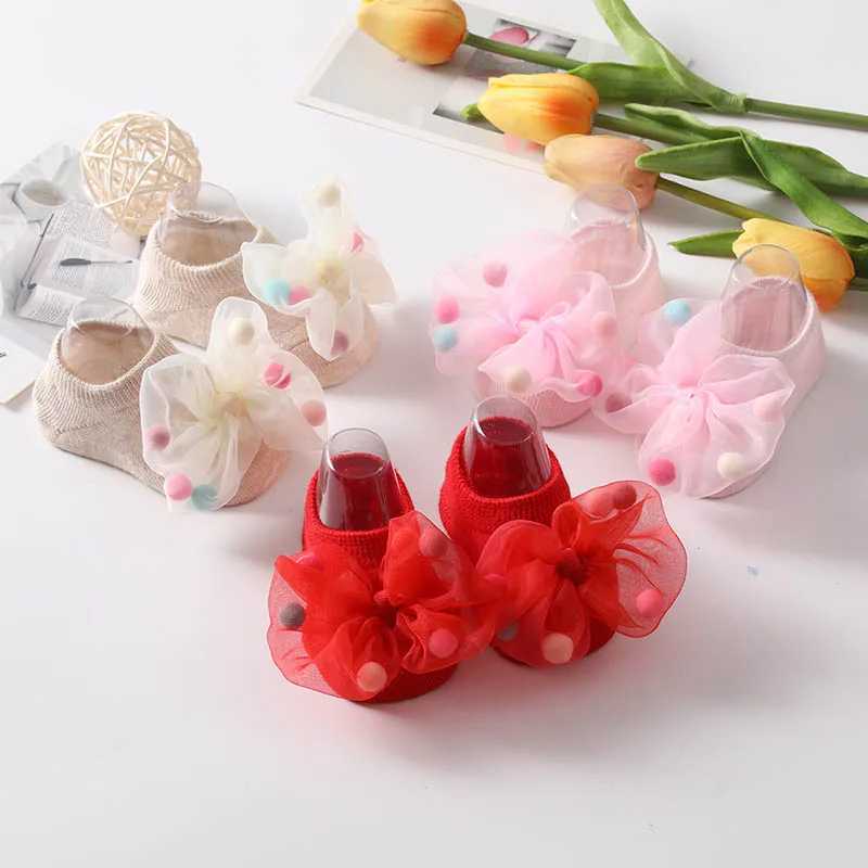 

New 0-3 Years Toddler Girl Princess Cute Short SocksToddlers Infants Combed Cotton Ship Socks Lace Big Bow Baby Socks with Ball