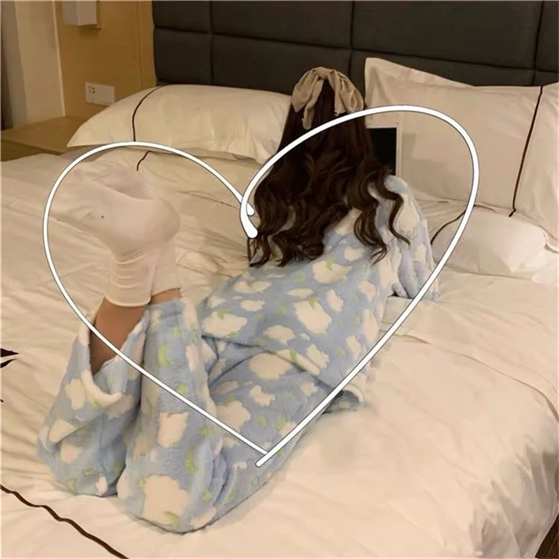 Sweet Pajamas Set Casual Shirt Sleepwear For Women Pyjama Women's Flannel Full-Sleeve Fashion Princess Homewear Plus Size