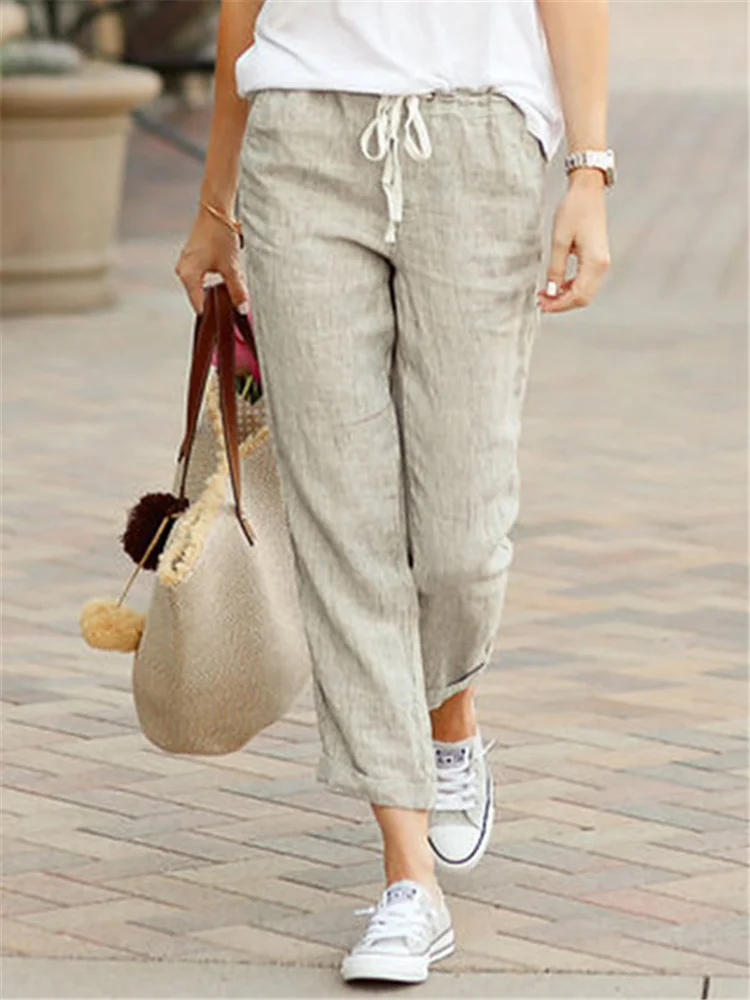 

2022 Women's Summer Casual Loose Cotton Linen Slacks Light Stretch Cord Solid