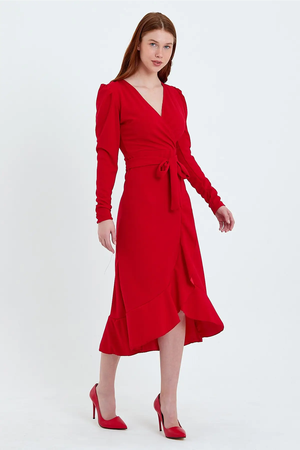 Crepe Fabric Midi Boy with Belted, Flirbed Red Dress Long Textured Double-Breasted Collar Polyester Sleeve Design Medium Wear