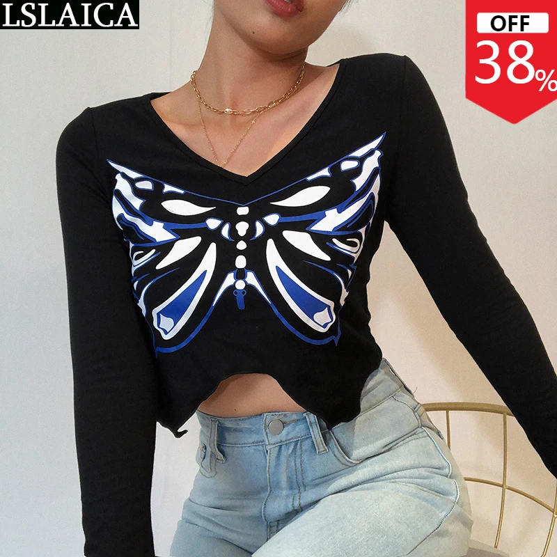 

Blouses&Shirt Long Sleeve V-neck Butterfly Print Spring Summer Fashion Top Women Irregular Hem Knitted Bottoming Female Clothing