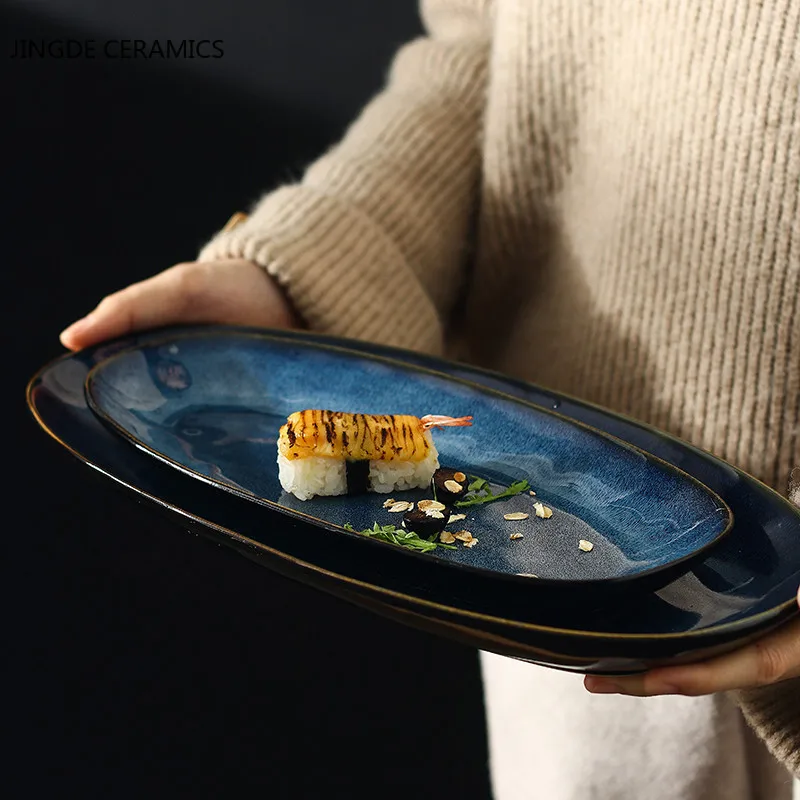 

Creative Oval Ceramic Shallow Plate Japanese Sushi Dish Steamed Fish Household Large Fish Plate SteakHand-Pulled Noodle Tray