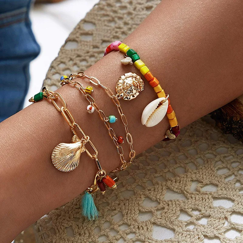

Bohemian Bracelet Set for Women Gold Color Shells Colorful Rice Beads Tassel Chain Bangle Ethnic Jewelry Gift 2022 New