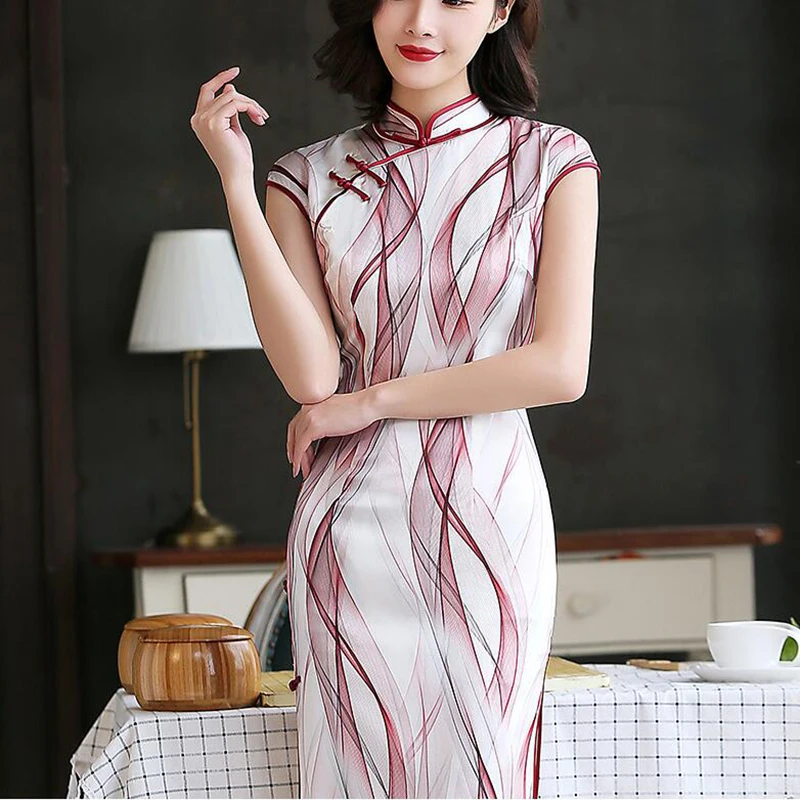 Side Split Women Silk Cheongsam Dress Vintage Button Printed Chinese Traditional Dresses Mandarin Collar Retro Vestidos