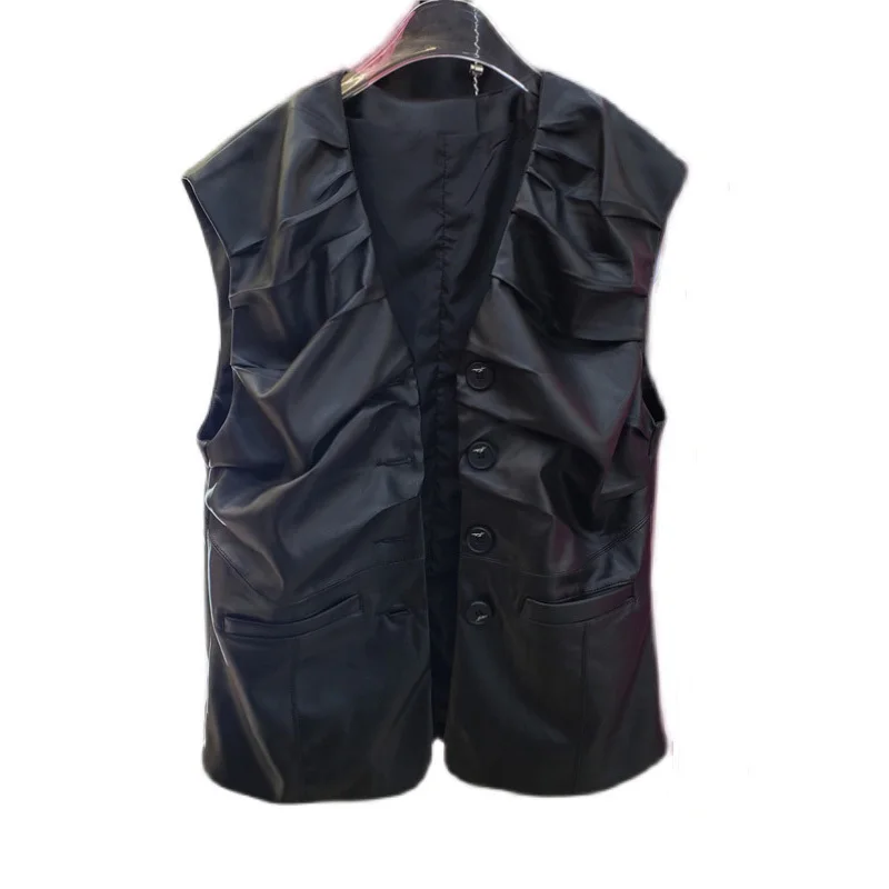 

SeeBeautiful PU Stitching Vest Pleated Single Breasted V-neck Pockets Sleeveless Tops Women Autumn 2022 New Fashion Tide Q568