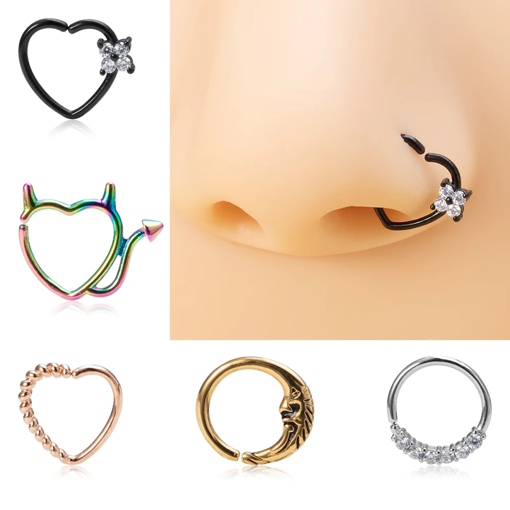 1pc 20G Copper Nostril Hoop Nose Piercing Rings Moon Devil Heart Zircon Daith Tragus Cartilage Earring Septum Body Jewelry Women