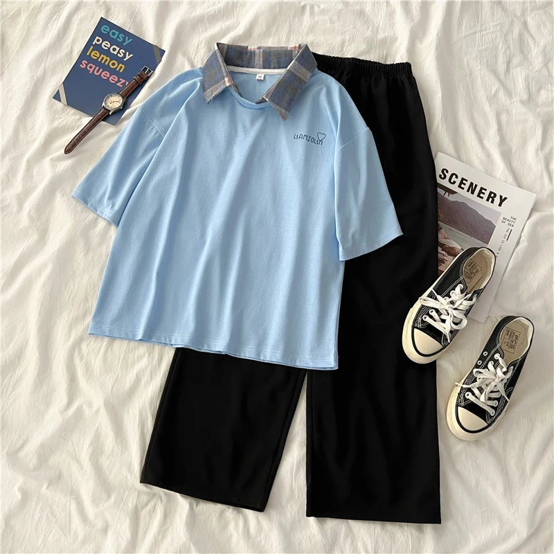 

Women Sets Solid Short Sleeve T-shirt + Ankle-length Wide Leg Pants suit Preppy Style Fashion Outfit Female cotton two piece set