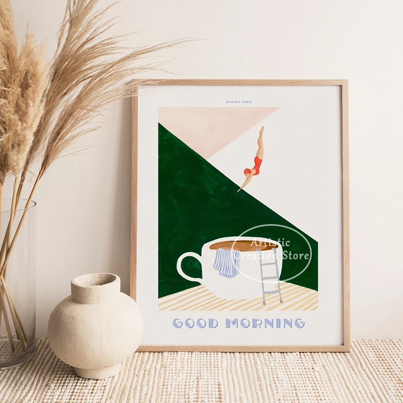 Постер для дайвинга в стиле ретро с изображением девушки-кофейни доброе утро