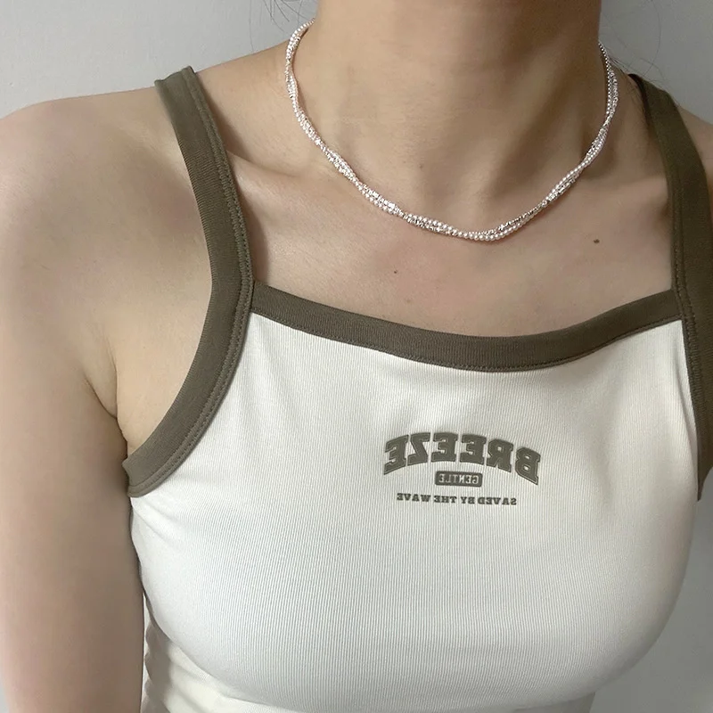 

925 Sterling Silver Double Layer Pearl Crushed Necklace for Women with Simple and Creative Design Sweet Wrapped Collar