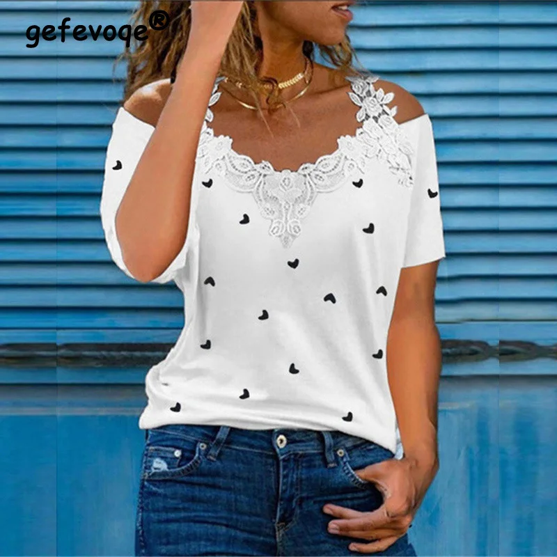 

Sexy Off Shoulder Lace Patchwork V Neck Short Sleeve Top Female 2022 Summer Casual Love Graphic Printed Loose Tees T-shirt Women