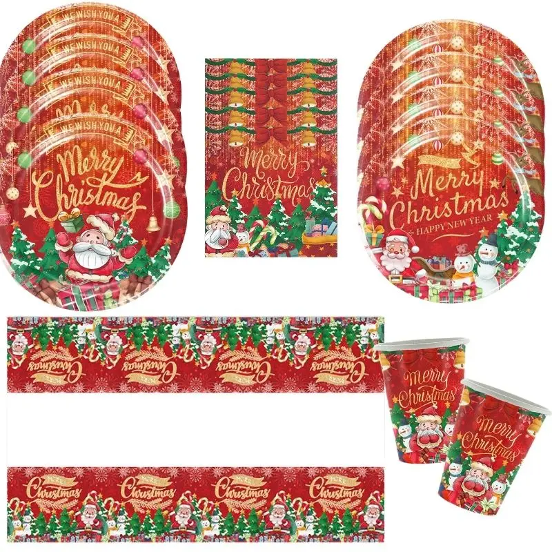 

61pcs Merry Christmas Tableware Santa Claus Snowman Paper Plate cups Christmas Decor for home navidad new year holiday Supplies