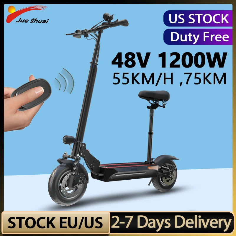 

USA Stock Jueshuai Electric Scooter 48V 1200W Escooter 55km/h Speed 10 inch Tubeless Tire Electric Skateboards with Seat Alarm