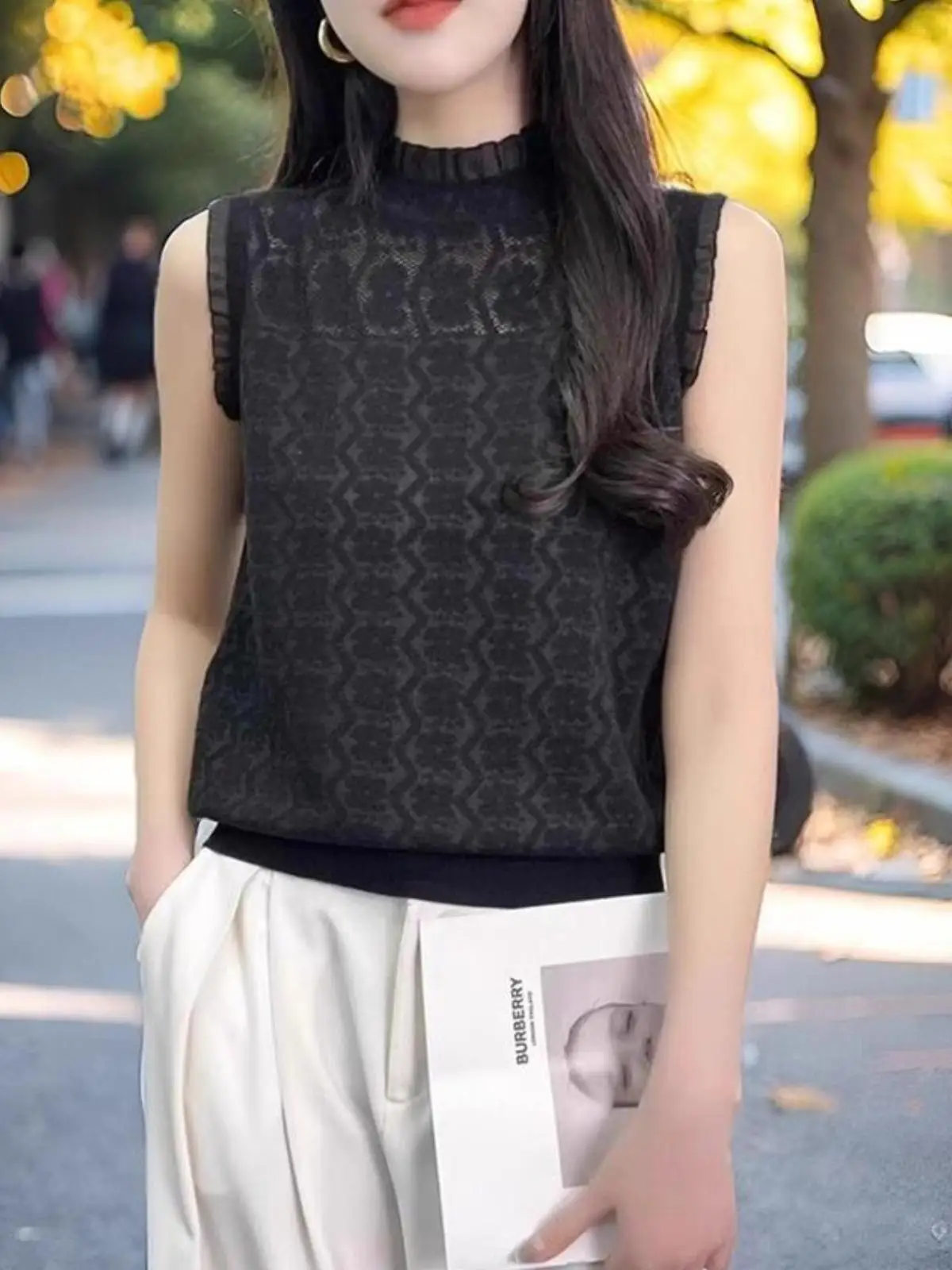 Кружевная водолазка без рукавов жаккардовый жилет с вырезами свитер из ледяного