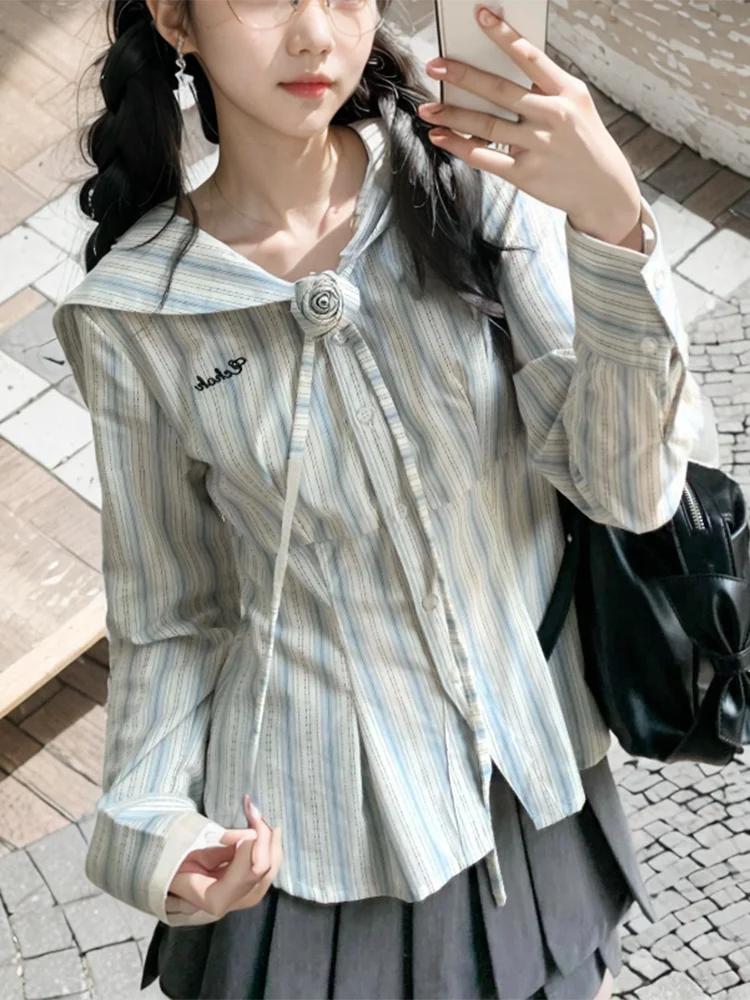 Zoki полосатые рубашки с матросским воротником женские корейские тонкие блузки