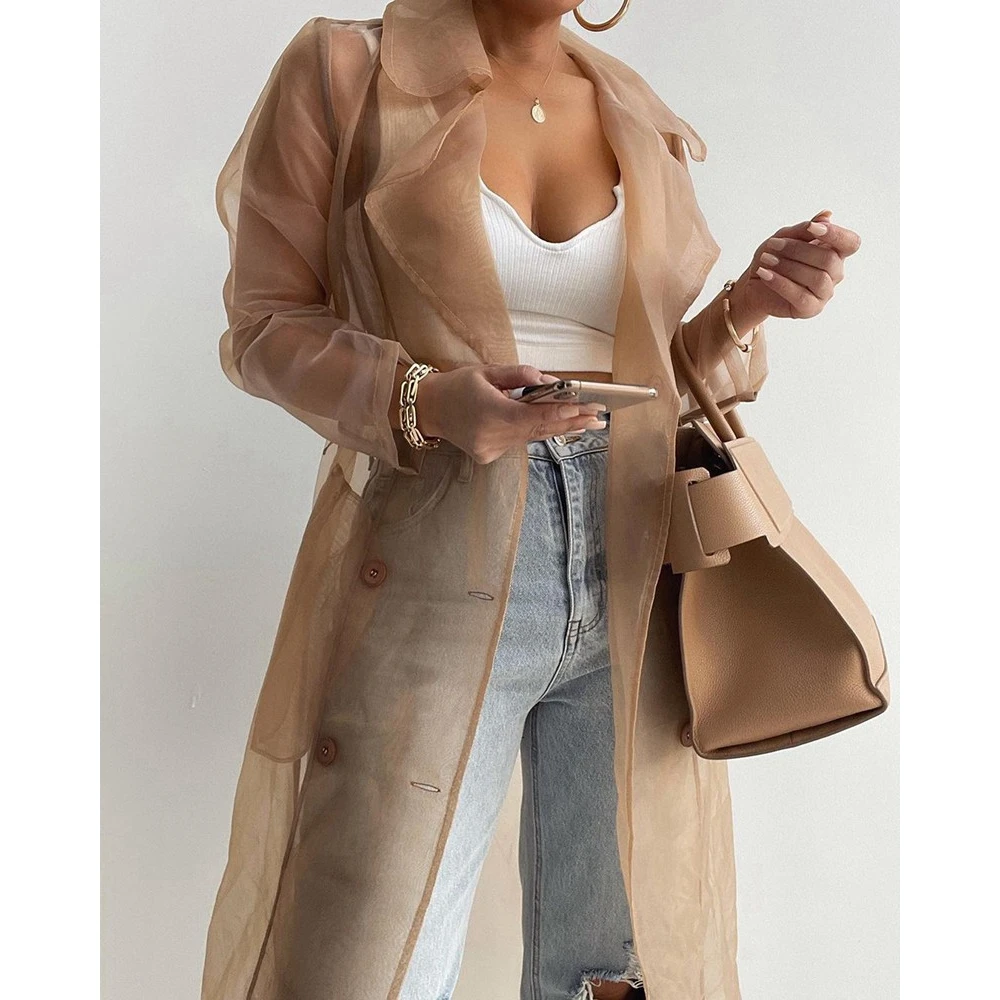 Casual Women Sheer Mesh Long Sleeve Blazer Coat With Belt Women Single Breasted Nothched Collar Coat Spring Outfits Outwear