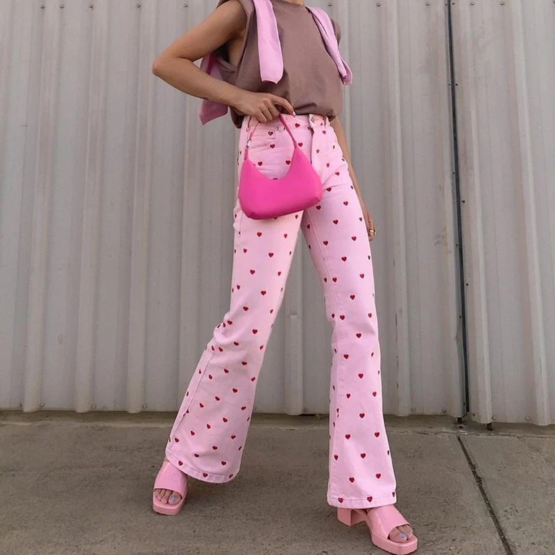 

Spring Women New Pockets Joggers Festival Outfits Pink Pants Heart Printed Sweet Trousers Vintage Aesthetic Party Pants Female