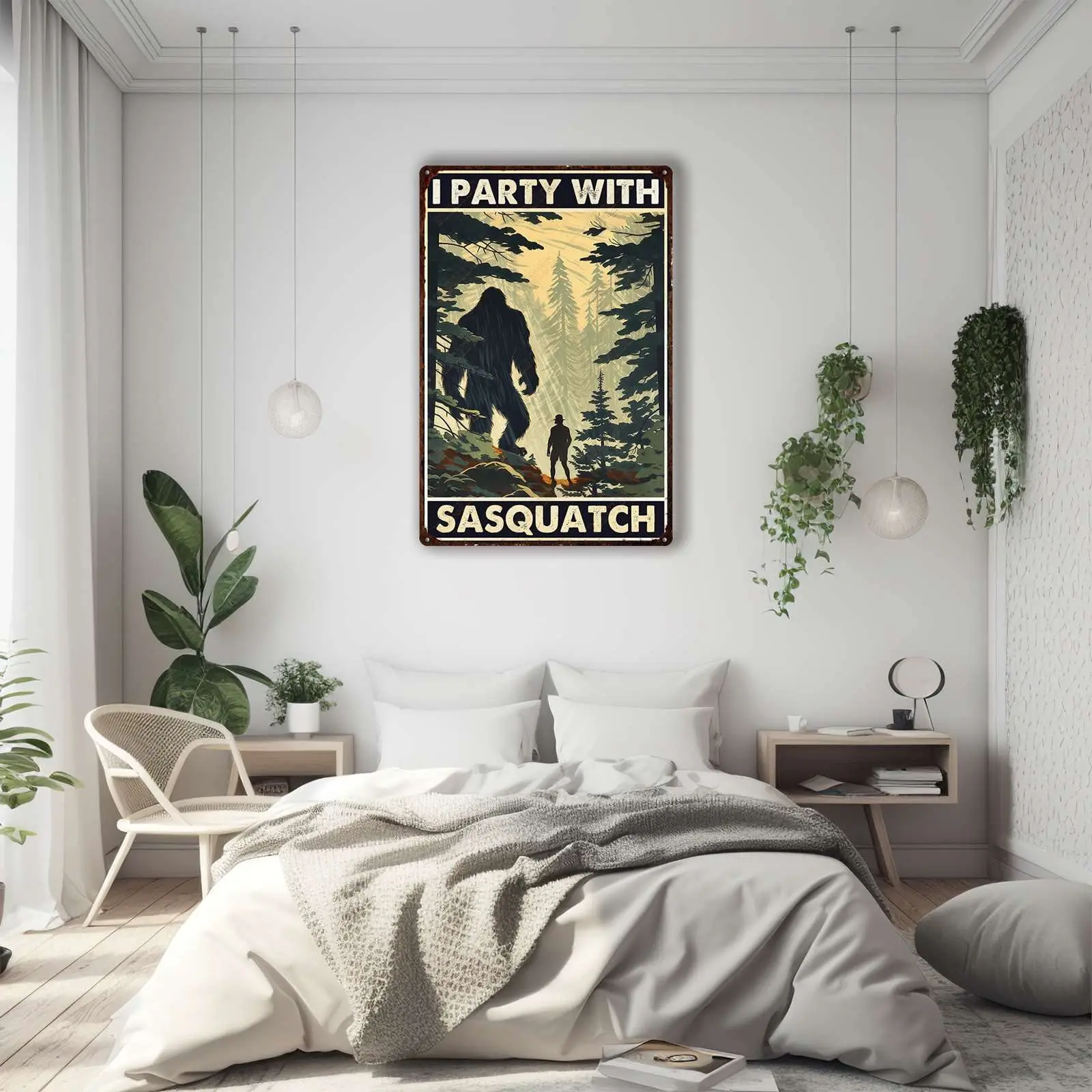 FLFGIDD Ретро жестяной знак кемпинг и Бигфут I вечерние с Sasquatch металлический Man