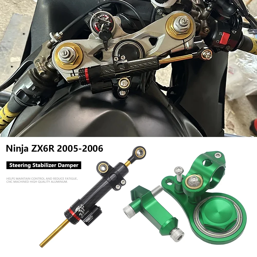 Фото ZX6R демпфер, новые аксессуары для мотоциклов для Kawasaki Ninja ZX6R Ninja ZX-6R 2005-2006, рулевой демпфер с кронштейном №1