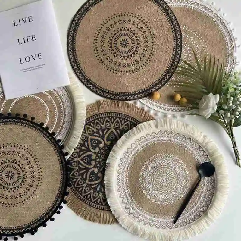 

Round Embroidery Table Placemat Woven Cotton Linen Placemat Coffee Cup Tableware Mats Coaster Kitchen Dining Table Decoration