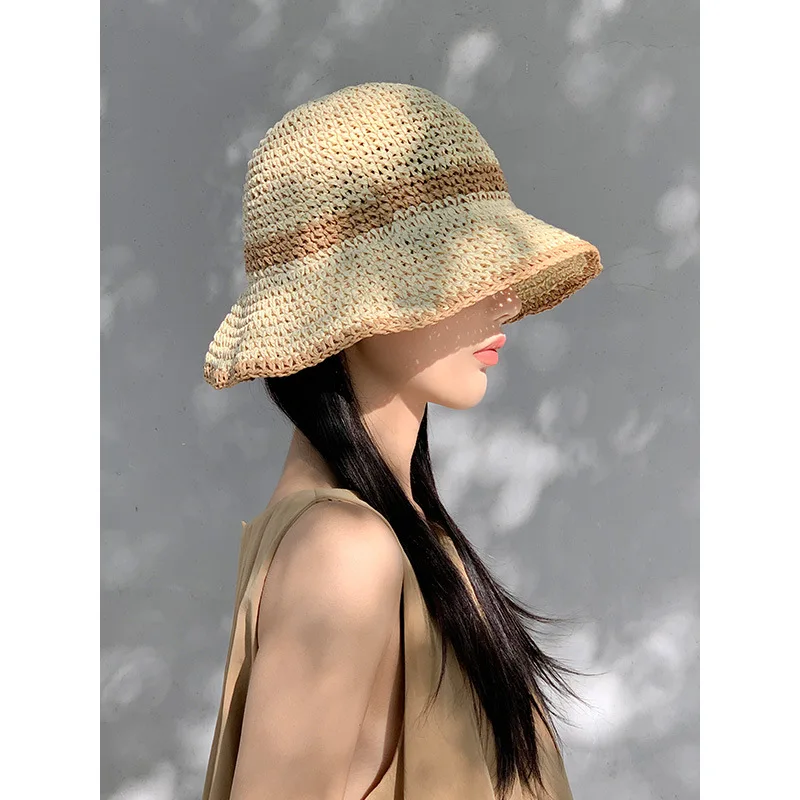 

Korean Sunscreen Straw Hat Women Summer Vacation Big-brimmed Sun Hats Breathable Wide-brimmed Contrasting Color Bucket Cap