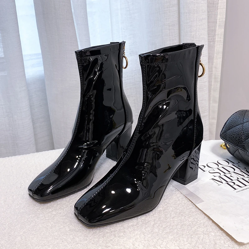 

2022 Winter Fashion Women Boots Ladies Thin High Heel Pointed Toe Zipper Ankle Boots Patent Leather Female Short Boots