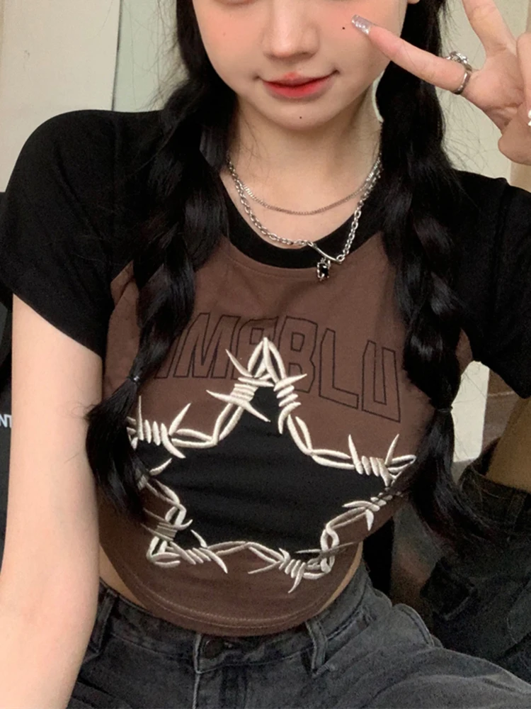 

Женская футболка в стиле гранж со звездами, укороченные топы в стиле пэчворк, облегающие эластичные винтажные футболки Y2k, американские ретро футболки, топы