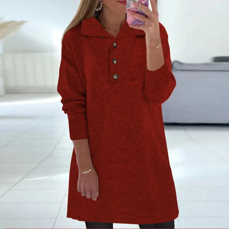 

Female Casual Solid Party Dresses 2022 Autumn Loose Long Sleeve Mini Dress Vintage Office Women Turn-Down Collar Commute Dress