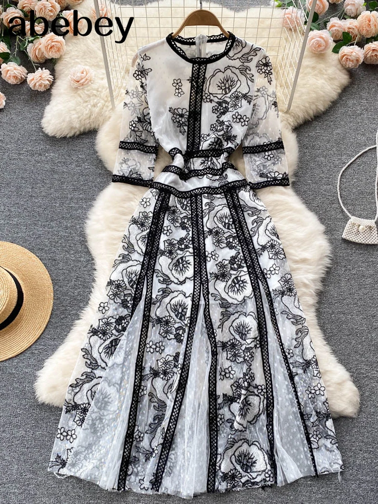 Lace Summer French Style Dress Women 2022 Mesh Embroidery Zipper Beach Vacation Romantic Elegant Slim Ladies Maxi LongDresses