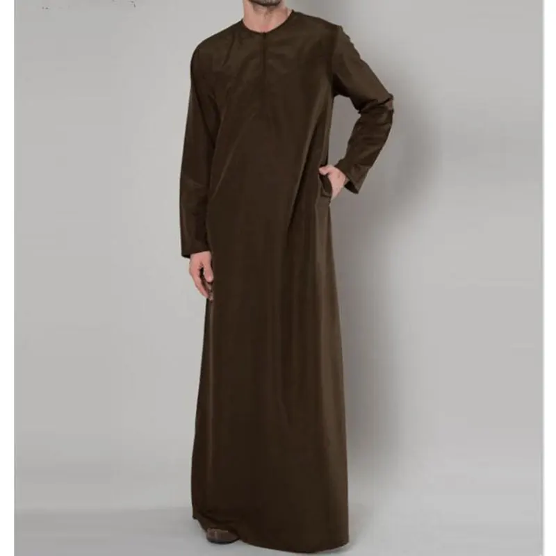 Muslim Arab Dubai Malaysia Men Loose Robe With Side Pocket Cotton Round Neck Zipper Islamic Shirt Jubba Thobe Plus Size S-5XL