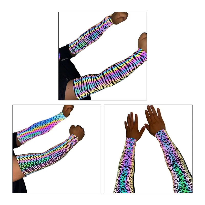 

Unisex Rainbow Colorful Reflective Arm Sleeves Glowing Compression Fingerless Gloves Sports Elbow Cover