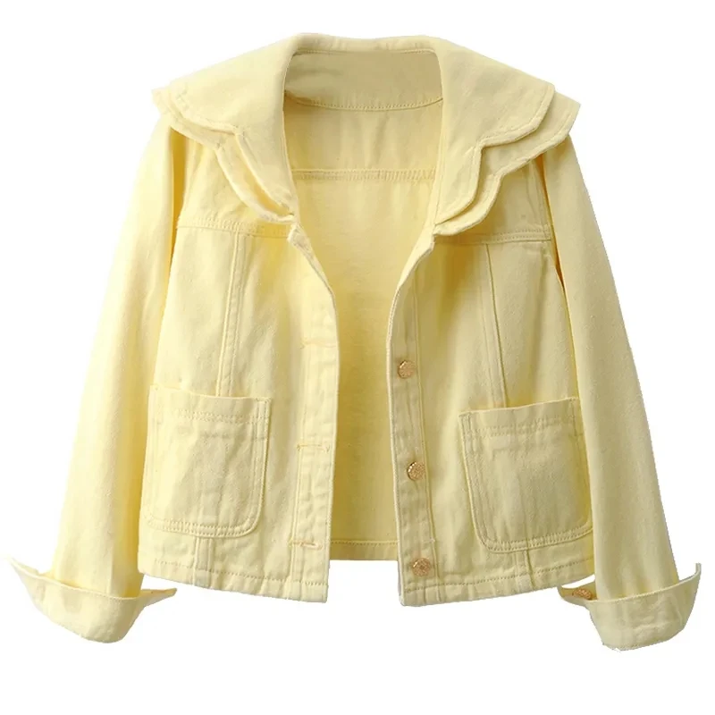 

Yellow Double Doll Collar Denim Jacket for Women 2023 Spring Fall Fashion Harajuku Long-sleeved Basic Coat Femme Korean Outwear