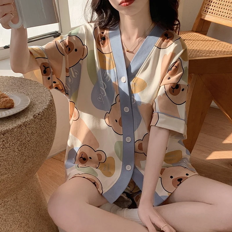 Summer Pajamas Set for Women 2-Pieces Loungewear Korean Sytle Sleepwear Girl Sweet Cute Pyjama Nightwear Kawaii Pijama Home Suit