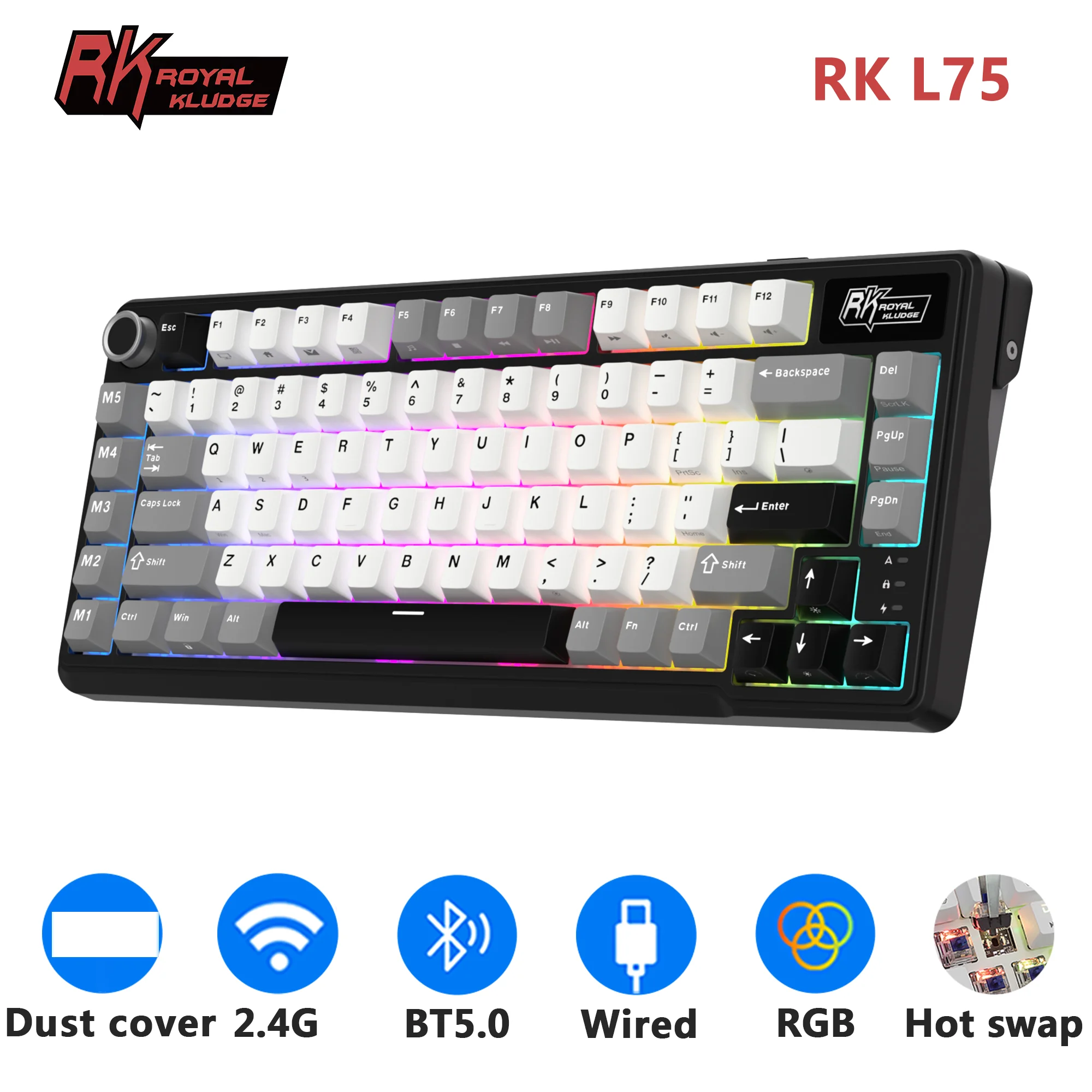 Фото RK ROYAL KLUDGE L75 Пять ярких клавиш Настраиваемая механическая клавиатура Прокладка Структура Трехрежимная RGB-подсветка Геймерская клавиатура №1