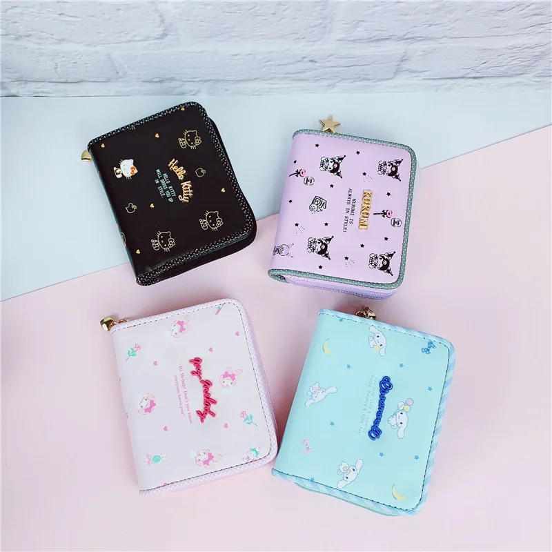 

Kawaii Hello Kitty Sanrio Anime My Melody Kuromi Cinnamoroll Cartoon Zipper Short Wallet Cute Pu Coin Purse Girls Festival Gift