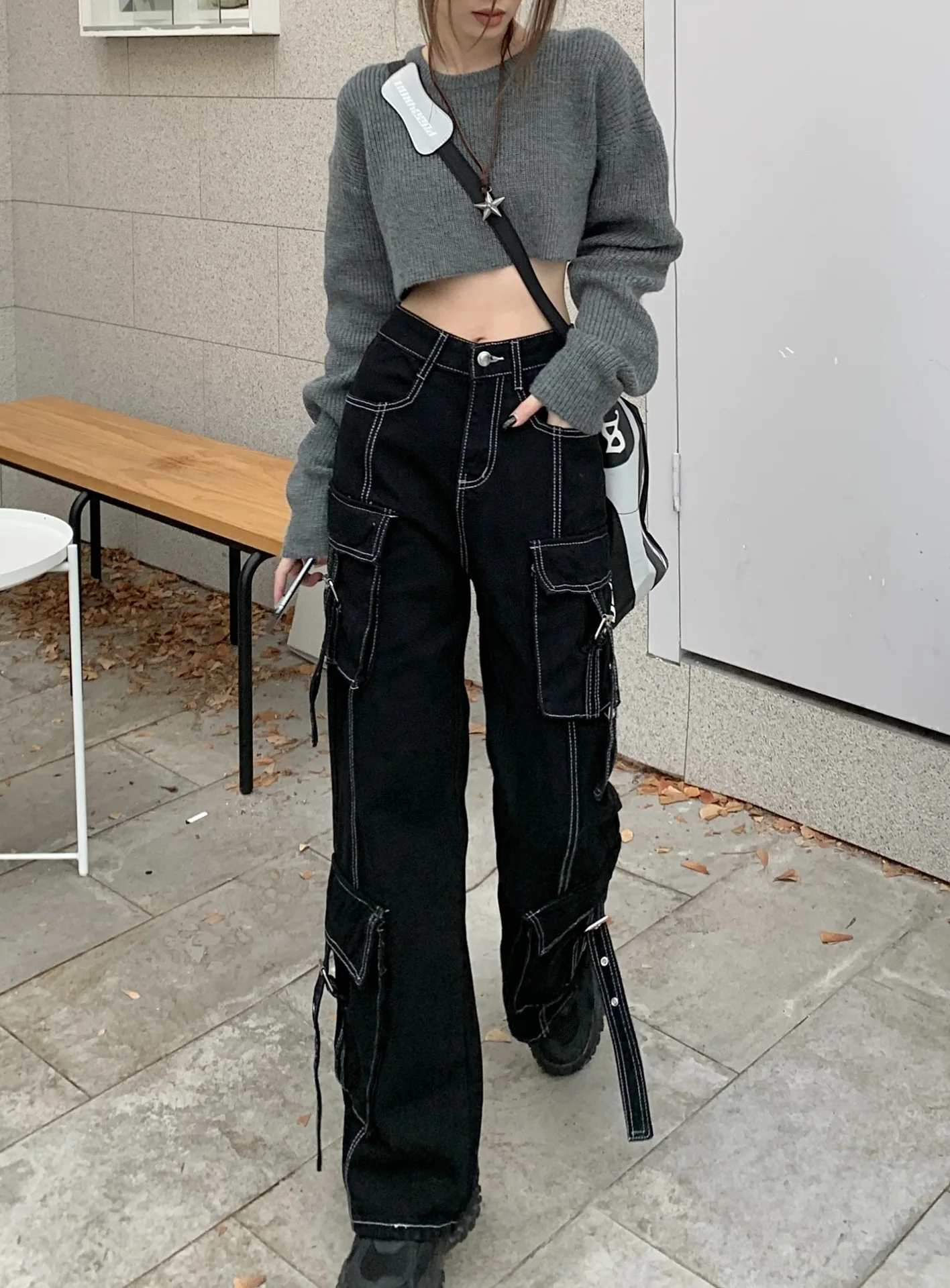 Workwear Jeans Women Multi Pocket Loose Straight Leg Casual Wide Leg Pants American Retro