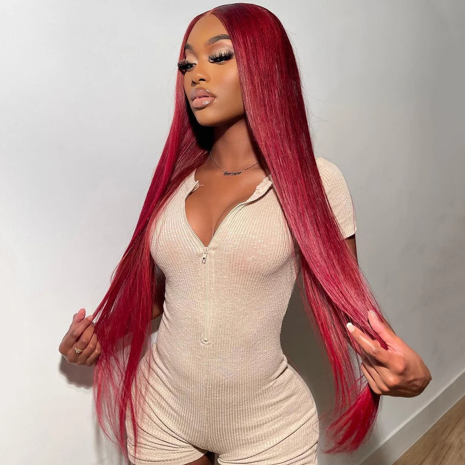 Фото Ombre Red Colored Straight 13x4x1 Lace Part Human Hair Wigs Clearance Sale For Women 180 Density Transparent Lace Do Middle Part №4