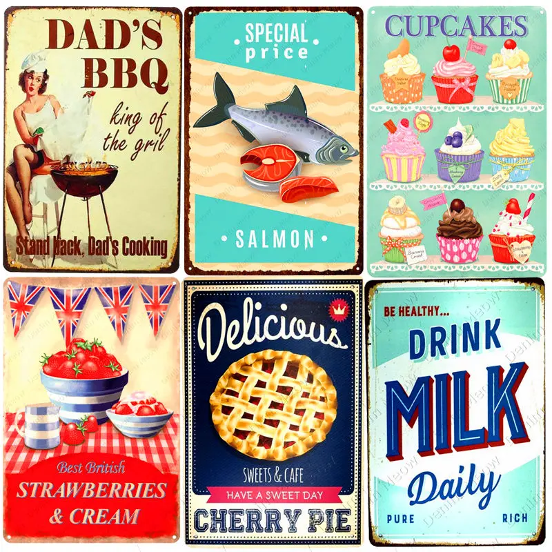 

Fast Food Vintage Tin Sign Bar Pub Home Wall Decor Fresh Milk Retro Art Poster Cupcakes Coffee DADS BBQ Cherry Pie Plate A753