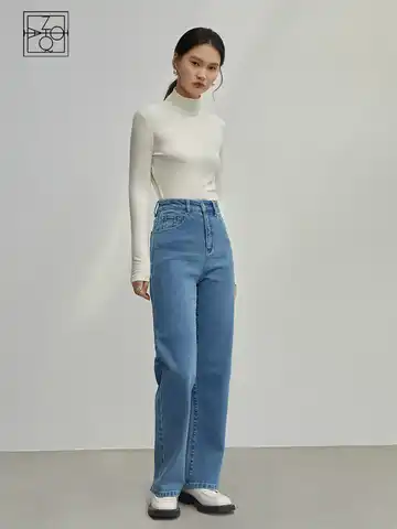 ZIQIAO Denim Blue Cotton Elastic Jeans Women High Waist Wide-Leg Straight Trousers 2022 Winter New Office Lady Casual Women Jean