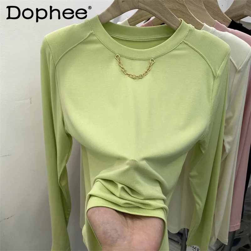 

Fashion Chain Padded Shoulder Long-Sleeved T-shirt Women 2022 Spring New Clothes Simple Versatile Slim Solid Cotton Tshirt Top