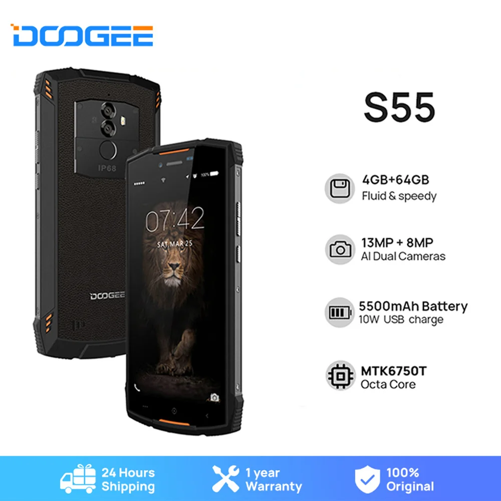 

DOOGEE S55 Rugged 4GB RAM 64GB ROM Octa Core 5.5"HD Display 13MP Rear Camera Dual SIM Fingerprint Unlocking 5500mAh Battery