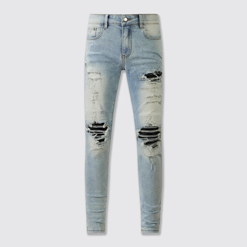 High Street Fashion Men Jeans Retro Washed Blue Stretch Skinny Fit Ripped Jeans Men Leather Patched Designer Hip Hop Brand Pants