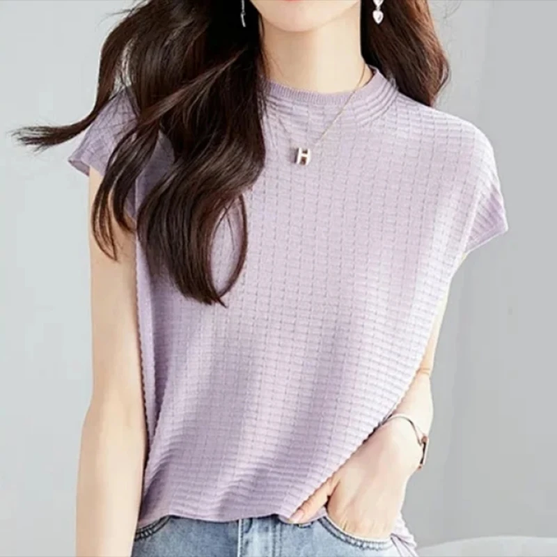 

Summer Ice Silk Women T-shirt Half High Neck Casual Tees Short Sleeve Tops Solid Loose Knitted T Shirt for Women Fashion 27003
