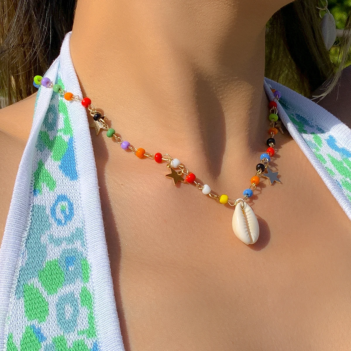 

PuRui Bohemian Multicolor Bead Beaded Chain Necklace For Women Copper Piece Star Natural Shell Pendant Choker Beach Jewelry