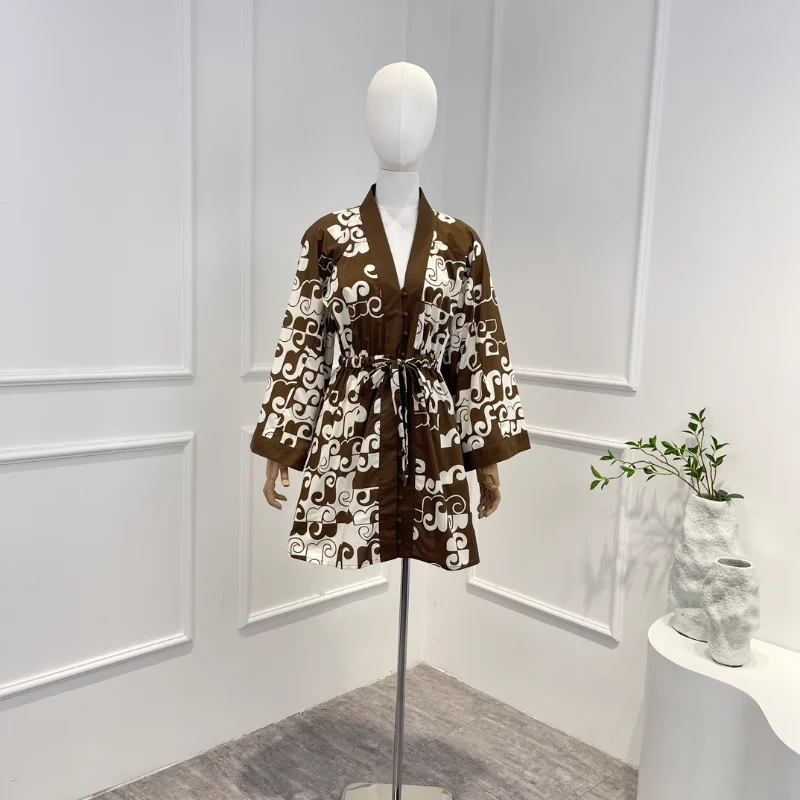 

2023 Summer New Arrivals High Quality Cotton Casual Print Draw String Full Flare Sleeve V-Neck Women Mini Dress