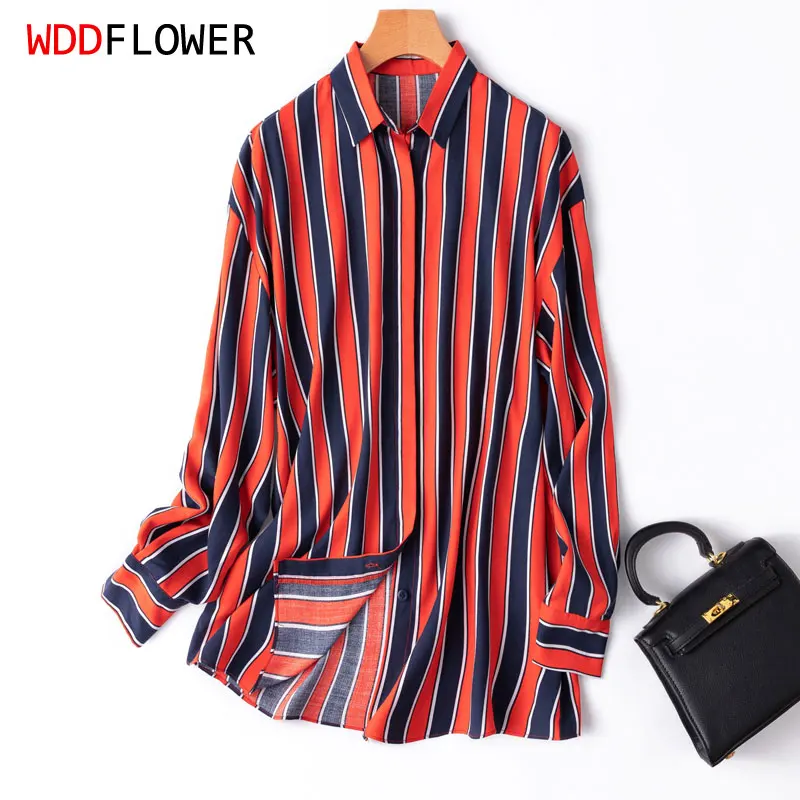 

Women 80% Mulberry Silk 20% Cotton Loose type Navy Red Striped Buttons down long sleeve shirt Top Blouse office work MM232