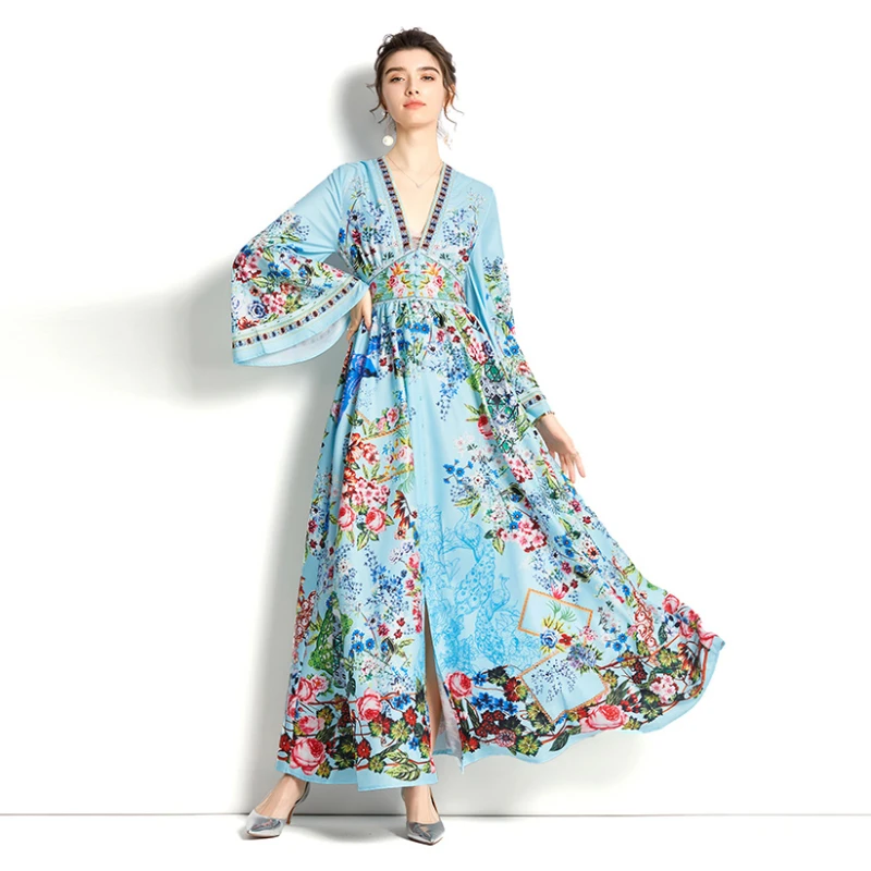 

MOKOTODO Spring 2022 New Vintage crazy deal Dress Women Clothes Casual Flare Sleeve Print Ankle-Length Polyester A-LINE Dresses