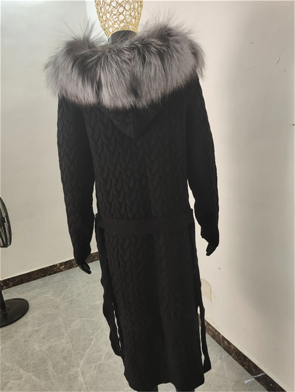 FURYOUME Autumn Winter Women Real Fox Fur Coat X-long Casual Fashion Wool Knitted Sweater Natural Fox Fur Collar Hooded Cardigan