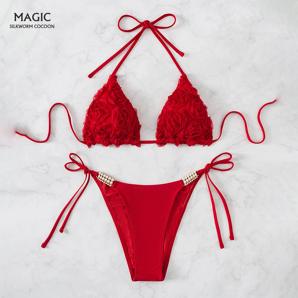

Rose Petal Solid Color Sexy Swimsuit 2 Pieces Beachwear Ladies Summer High Waist Sexy Beachwear Halter Neck Swim Suit for Women