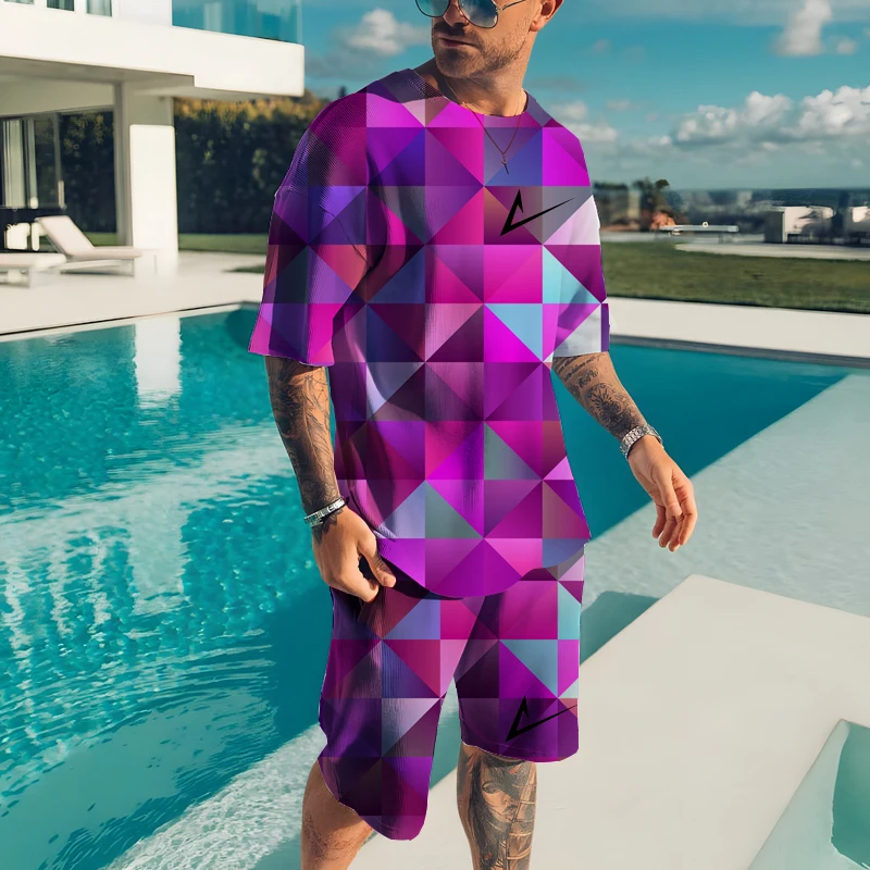 2023 Men's 3D Printing Short Sleeve Shorts Two-piece Abstract Painted T-Shirt Suit Men's and Women's Casual Trend  Gradational