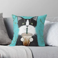 tuxedo cat with iced coffee polyester decor pillow case home cushion cover 4545cm